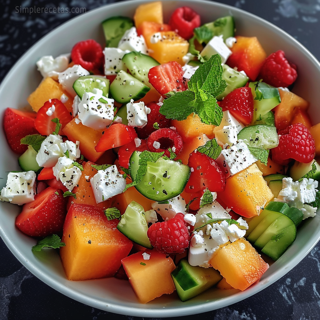 Salade de Fraises, Melon, Concombre, Fromage Feta et sa Vinaigrette Sucrée