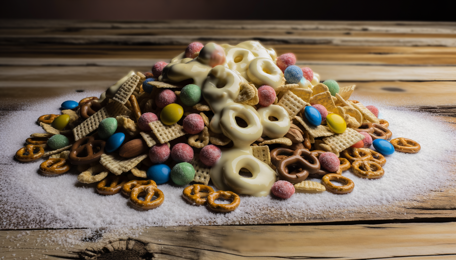 A delectable 'White Trash Recipe' snack mix with cereals, pretzels, peanuts, and colorful M&M's all coated in melted white chocolate, displayed on a rustic wooden table.