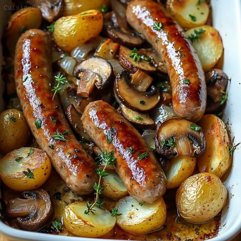 Saucisses, champignons et pommes de terre au four