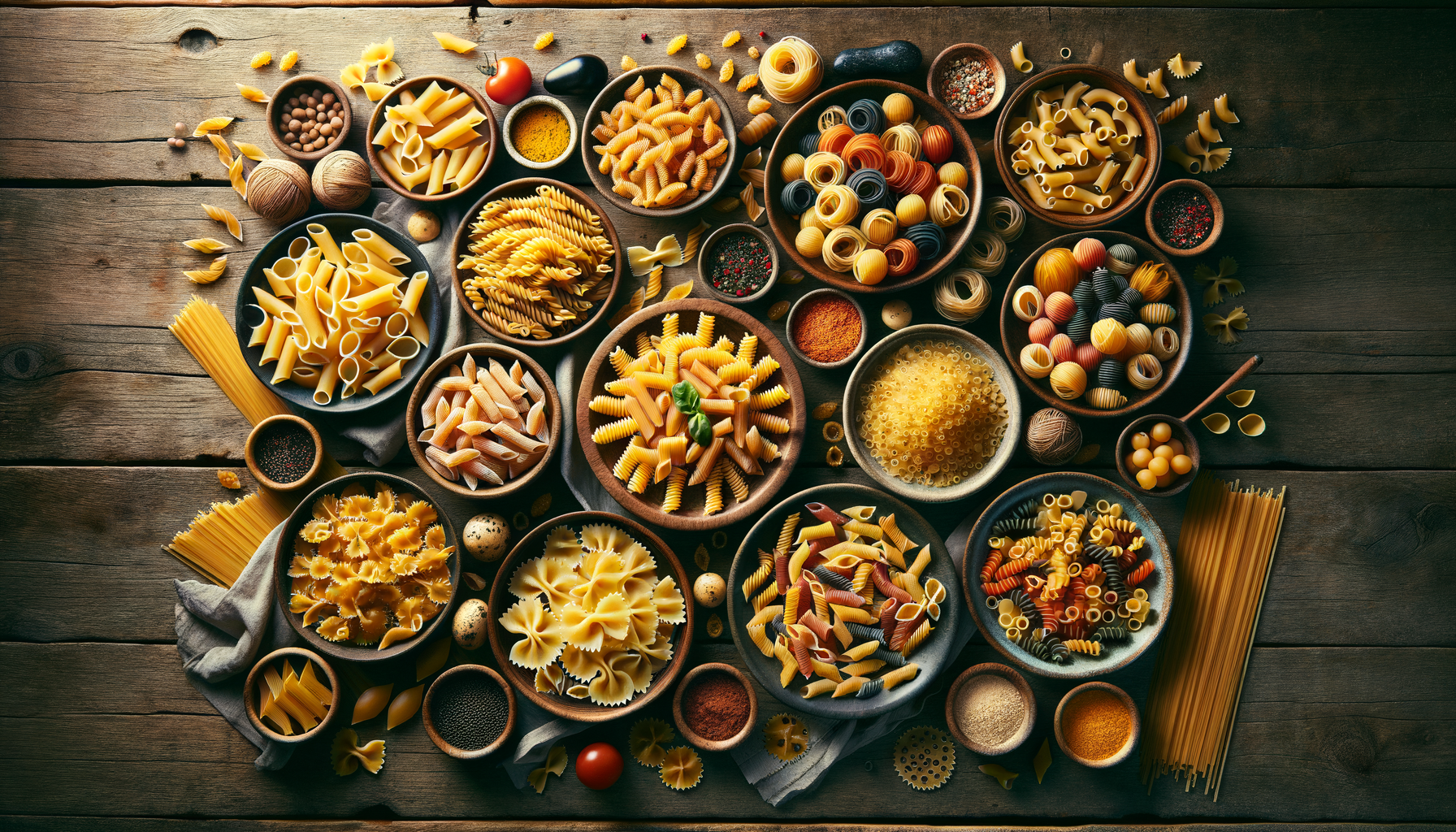 Assorted pasta dishes on a wooden table, highlighting different pasta shapes and colors without any text or logos.