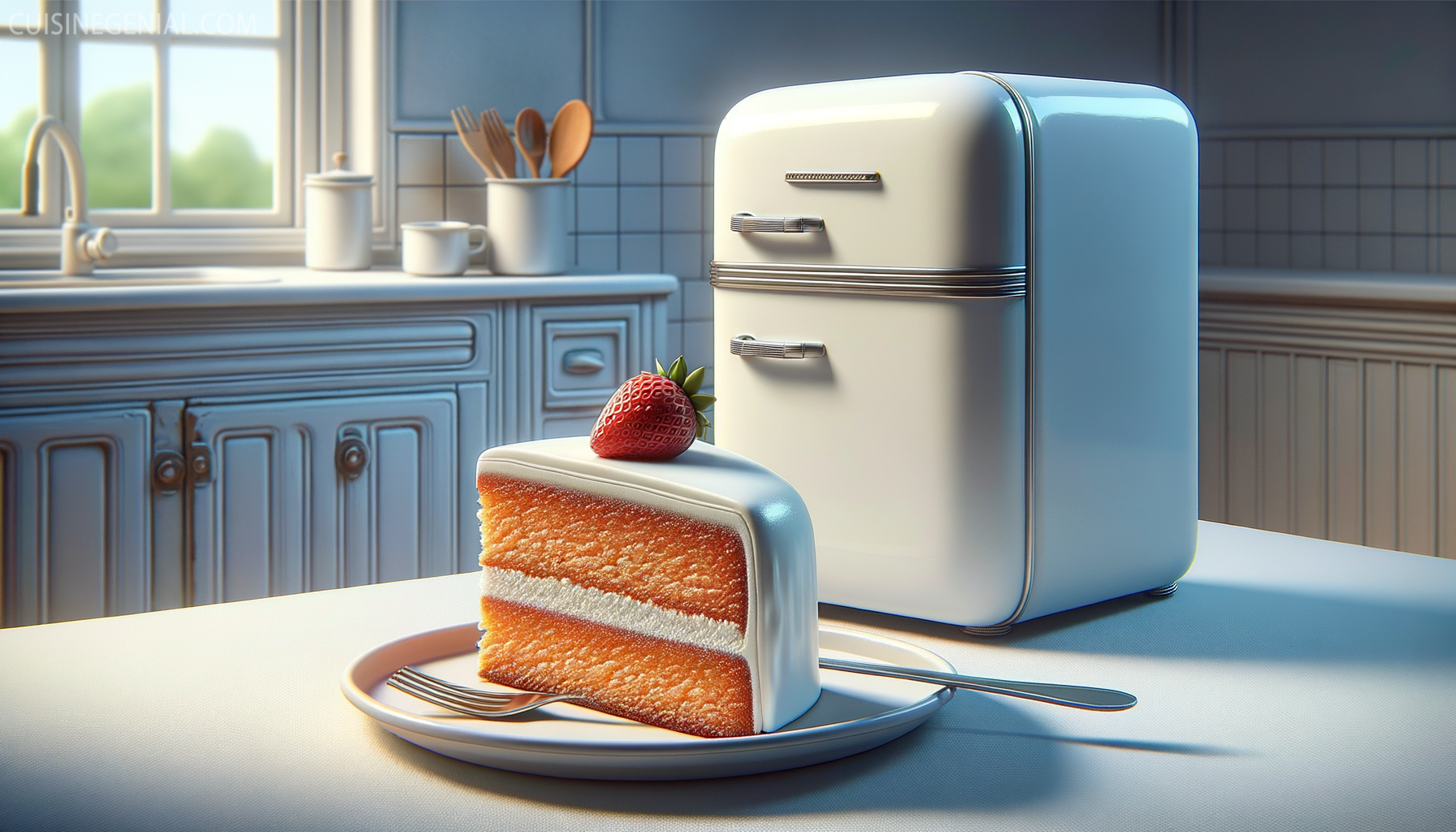 A slice of cake on a plate next to an open fridge, highlighting freshness and proper storage.