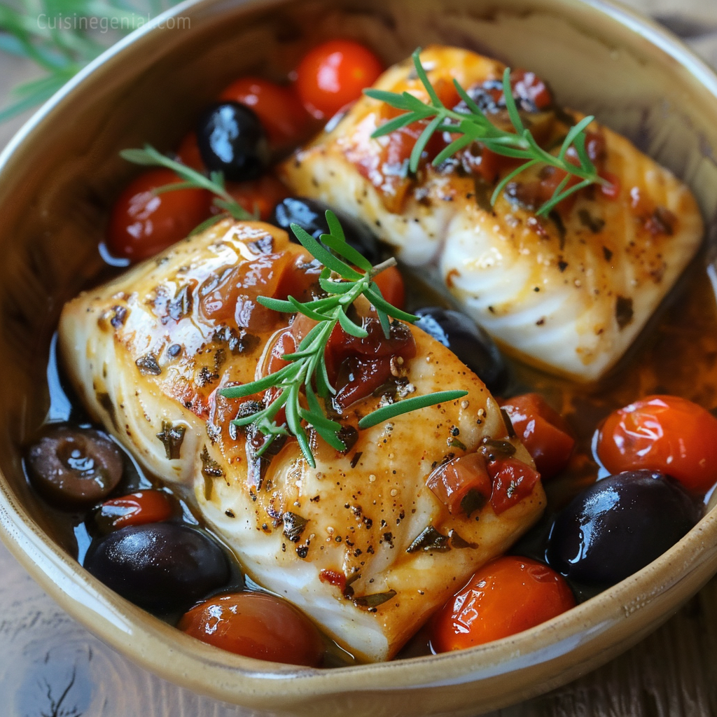 Dos de Cabillaud à la Provençale avec Tomates Cerises et Olives