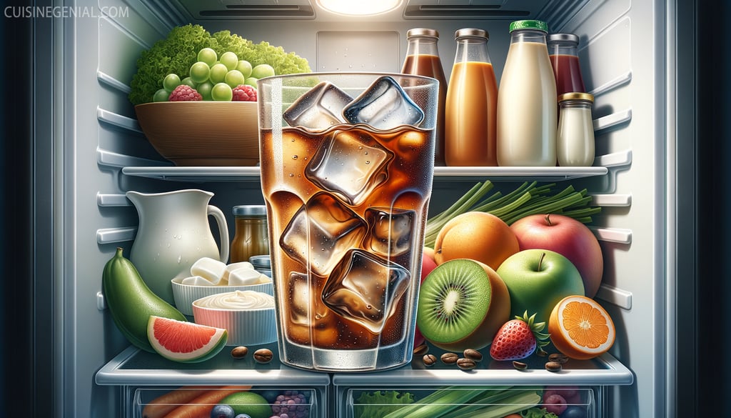 Realistic image of a glass of iced coffee in a fridge, suggesting how to store iced coffee properly
