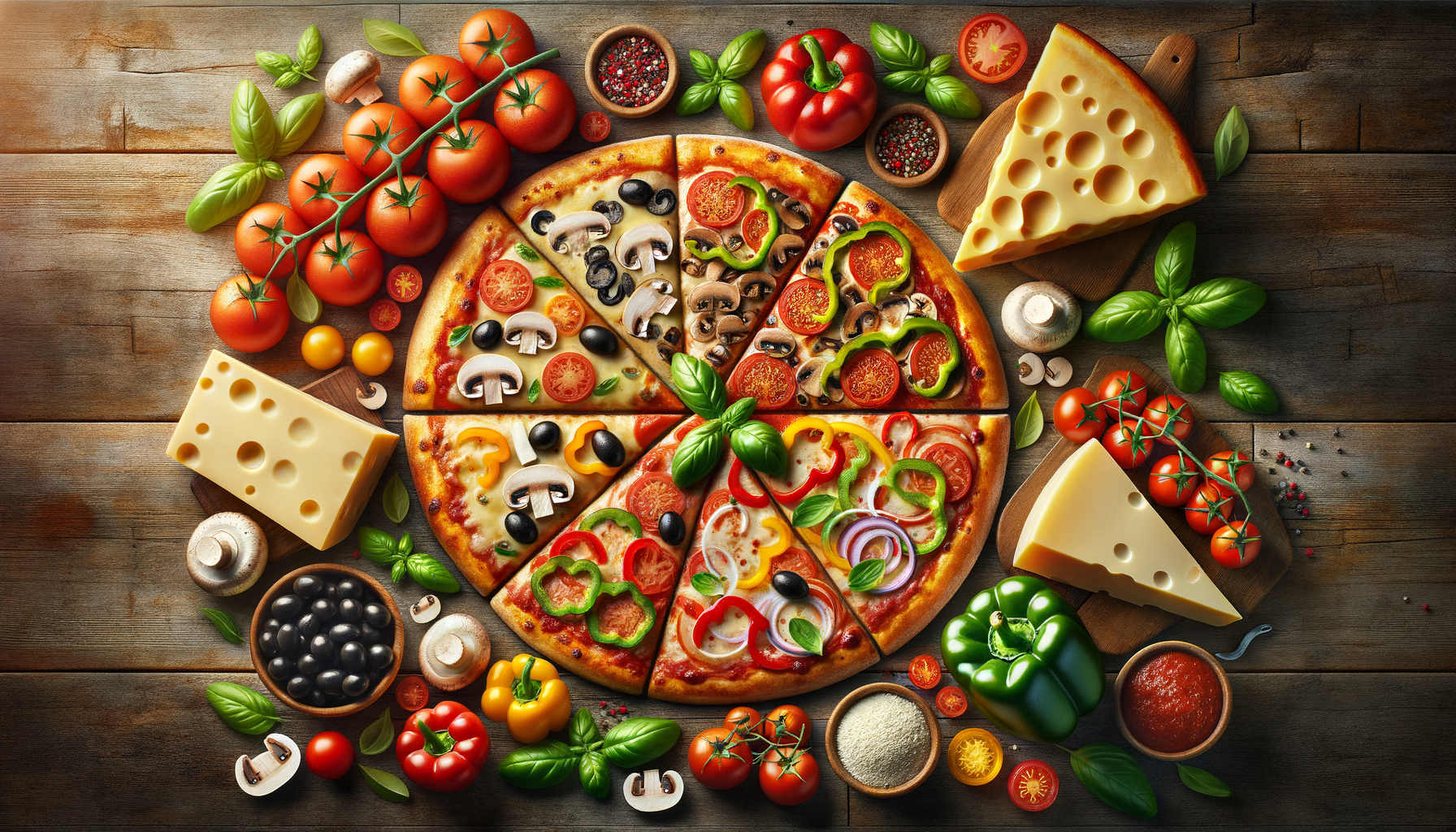 Variety of pizzas with assorted toppings on a wooden table
