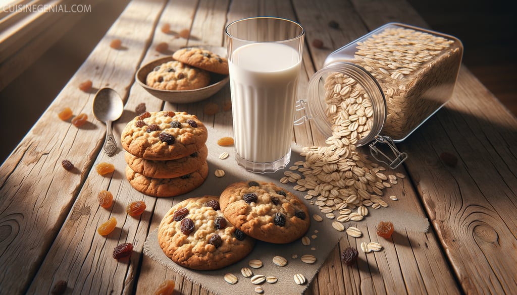 Realistic image of oatmeal raisin cookies on a wooden table with milk and ingredients around.